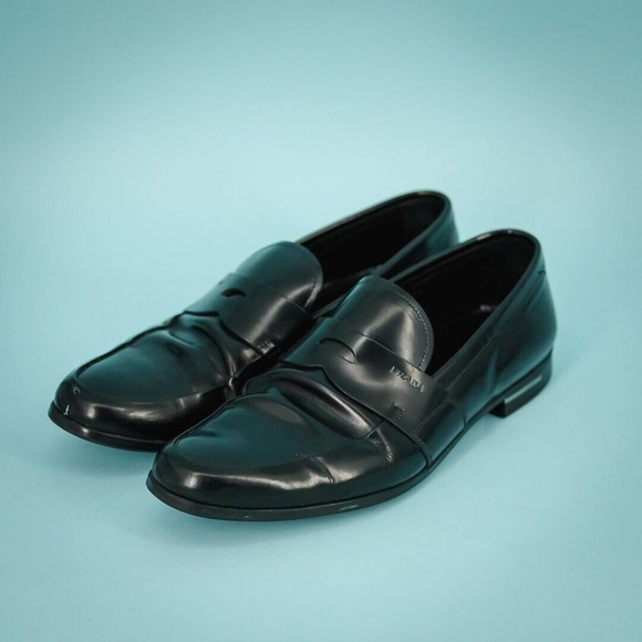Prada Other - Prada Mens Size 7 Black Leather Slip On Logo Dress Penny Vintage Loafers